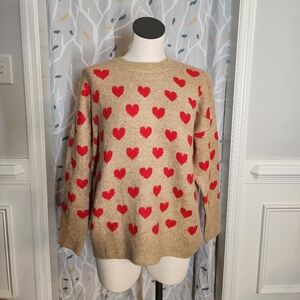 NWT Vince Camuto Tan Sweater with Red Heart Pattern Size M